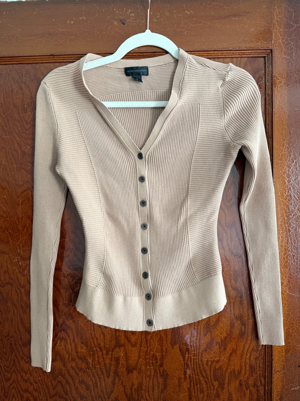 Worthington Beige Ribbed Button-Front Cardigan